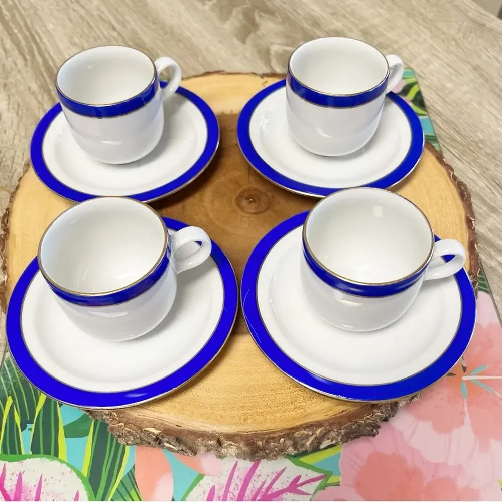 Vintage Walbrzych Poland Demitasse Espresso Set Blue Gold Porcelain 10 Pc RARE